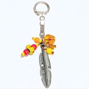 Handmade Keychain / Bag Charm with Glass & Acrylic Beads, Metal Feather Charm